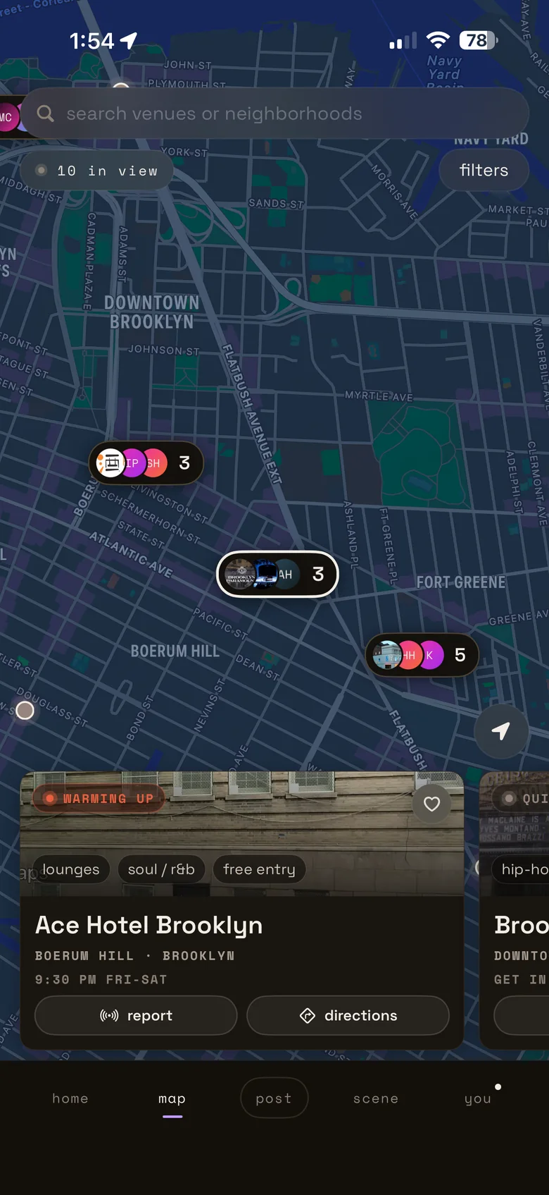 What's The Vibes map: Brooklyn venues with live photo pills and the Ace Hotel Brooklyn card